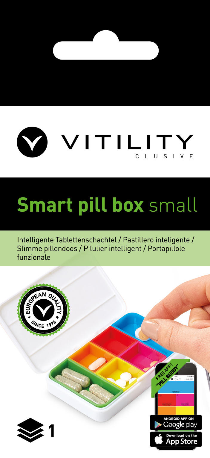 White Vitility smart pill organizer with compact design for medication storage, shown in a close-up image.