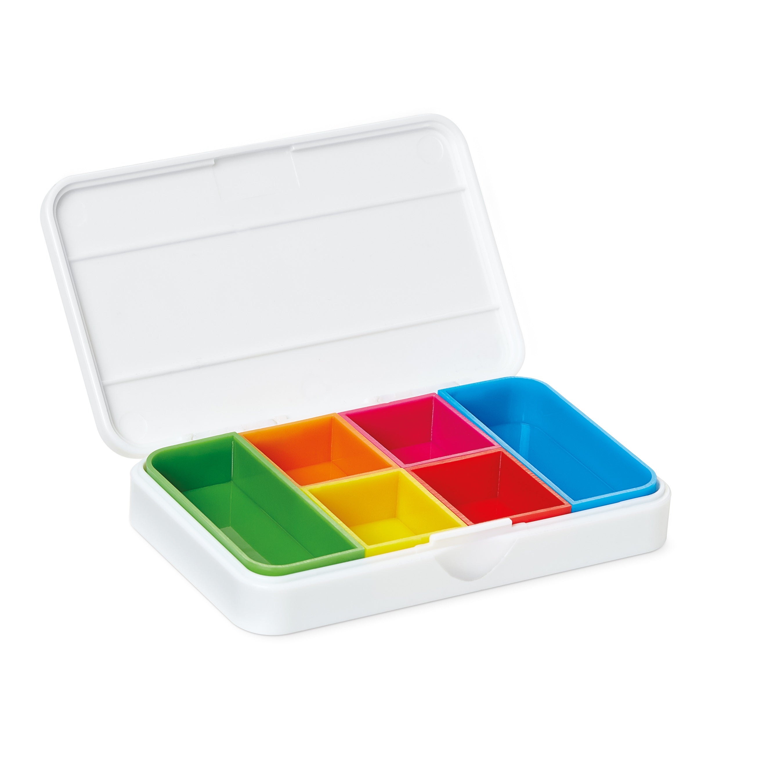 White Vitility smart pill box with compact design, featuring multiple compartments for organizing medication doses.