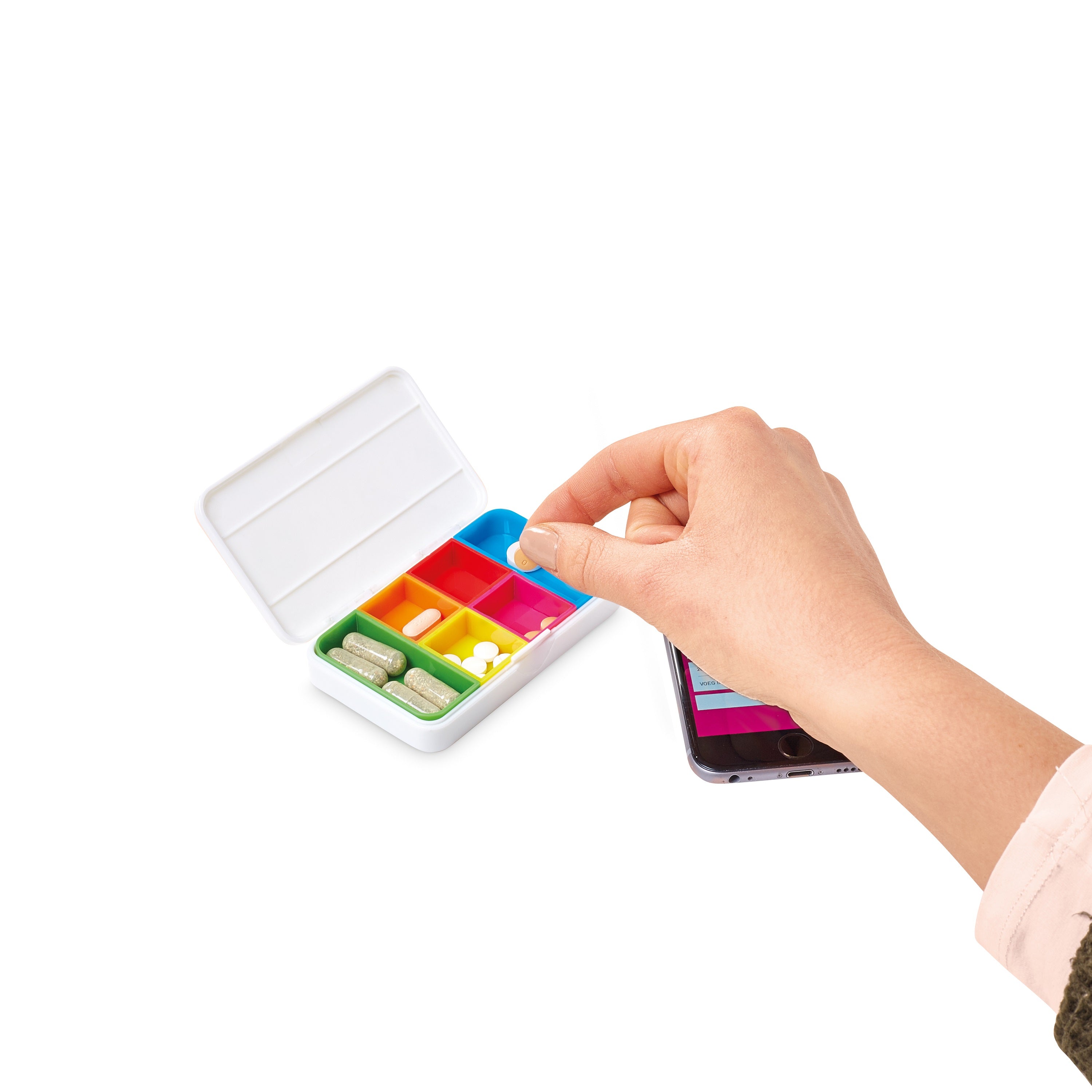 White Vitility smart pill organizer with compact design, shown in a small medicine storage box for easy medication management.