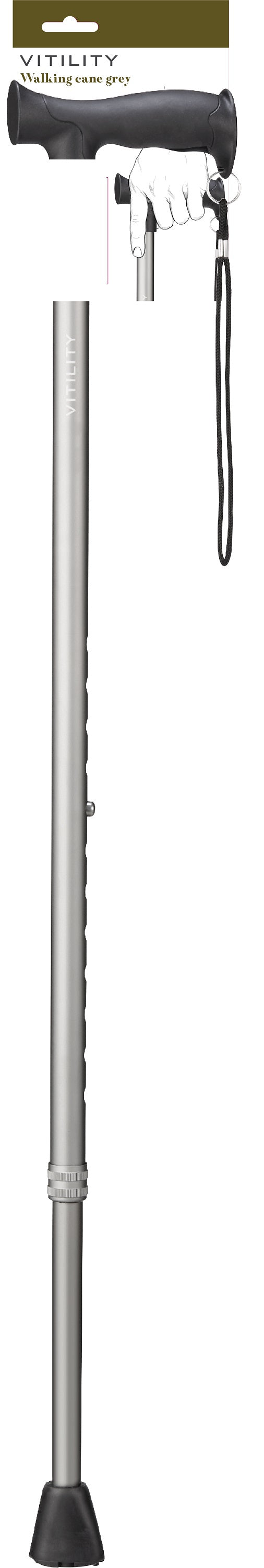 Gray Vitility walking cane for mobility support, single piece with adjustable height, designed for comfortable walking aid.