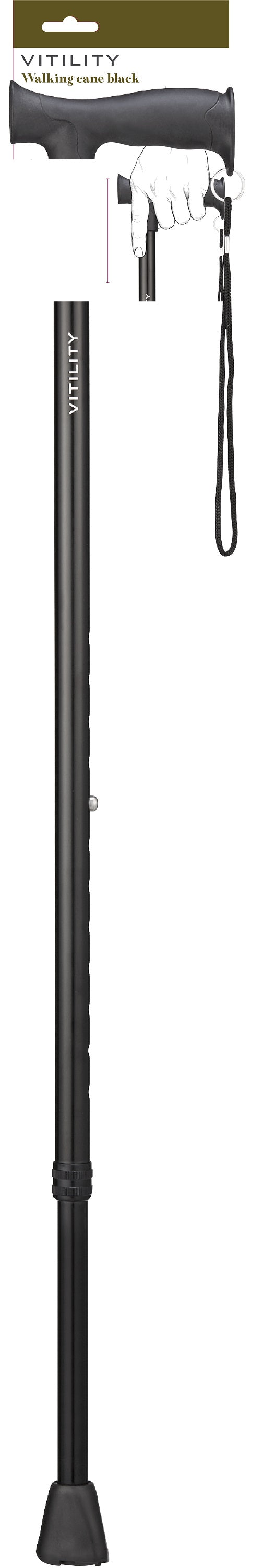 Black Vitility mobility walking stick with ergonomic handle, designed for stability and support.