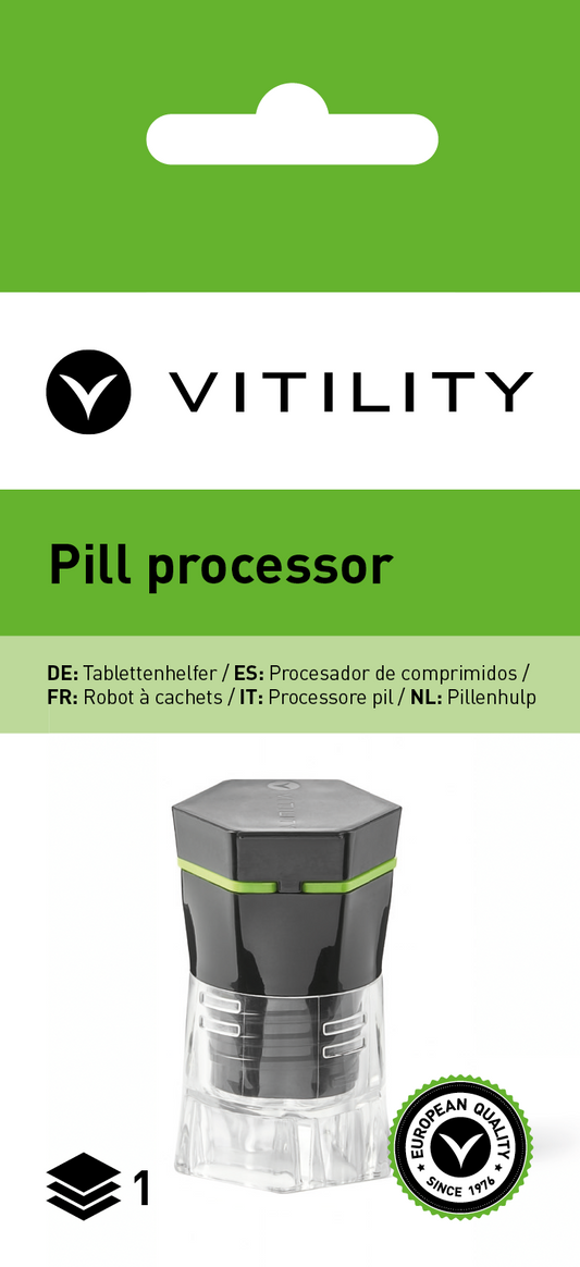 Vitility pill helper in a compact medicine storage box, designed for organizing and dispensing pills safely and easily.