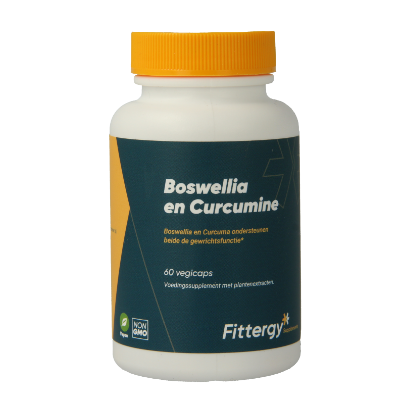 Fittergy Boswellia en curcumine kruidenpreparaat in 60 vegetarische capsules, featuring herbal supplement with Boswellia and curcumin.