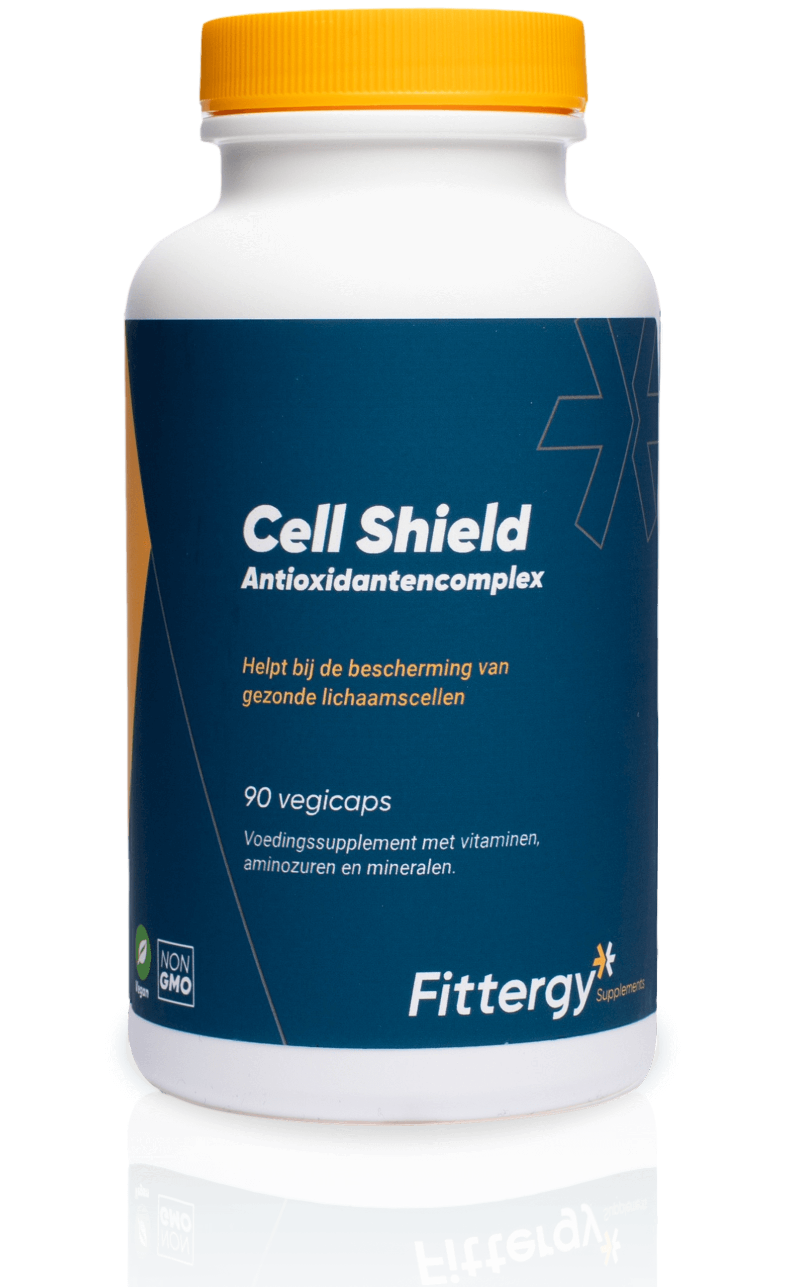 Fittergy Cell Shield antioxidant complex vegetarian capsules, vitamin multi supplement, close-up of the supplement bottle.