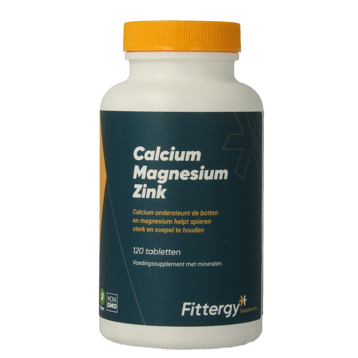 Fittergy Calcium magnesium zinc mineral supplement tablets, showing a bottle of 120 tablets with colorful label.