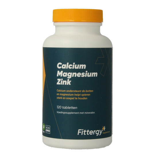 Fittergy Calcium magnesium zinc mineral supplement tablets, showing a bottle of 120 tablets with colorful label.