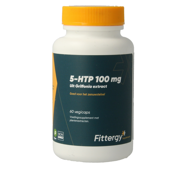 Fittergy 5-HTP 100mg griffonia extract vegetarian capsules, herbal supplement for mood support, shown in a bottle.