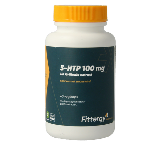 Fittergy 5-HTP 100mg griffonia extract vegetarian capsules, herbal supplement for mood support, shown in a bottle.
