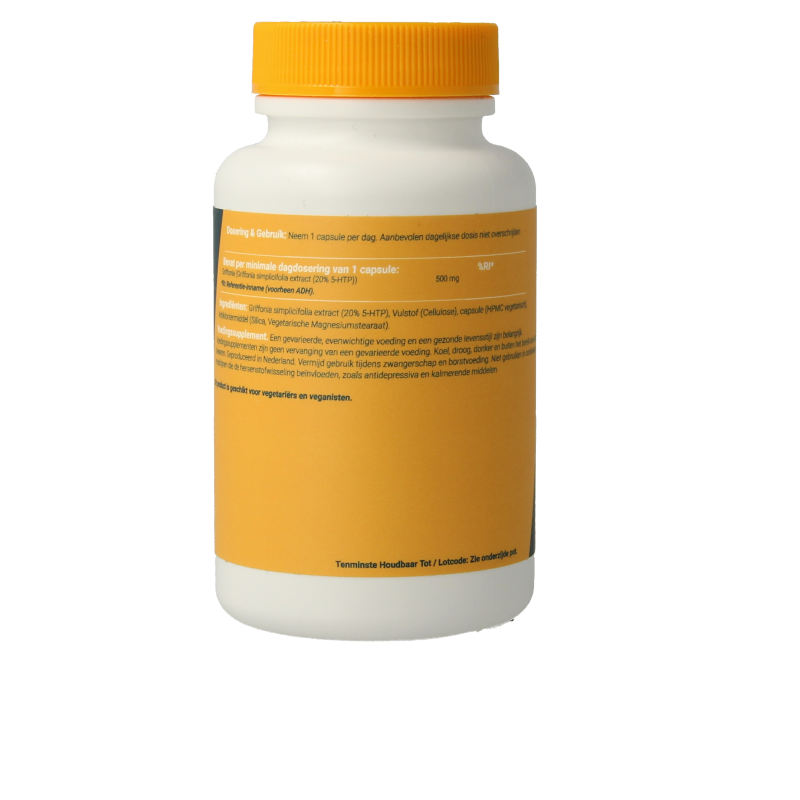 Fittergy 5-HTP 100mg griffonia extract vegetarian capsules, herbal supplement for mood support, shown in a bottle with capsules.