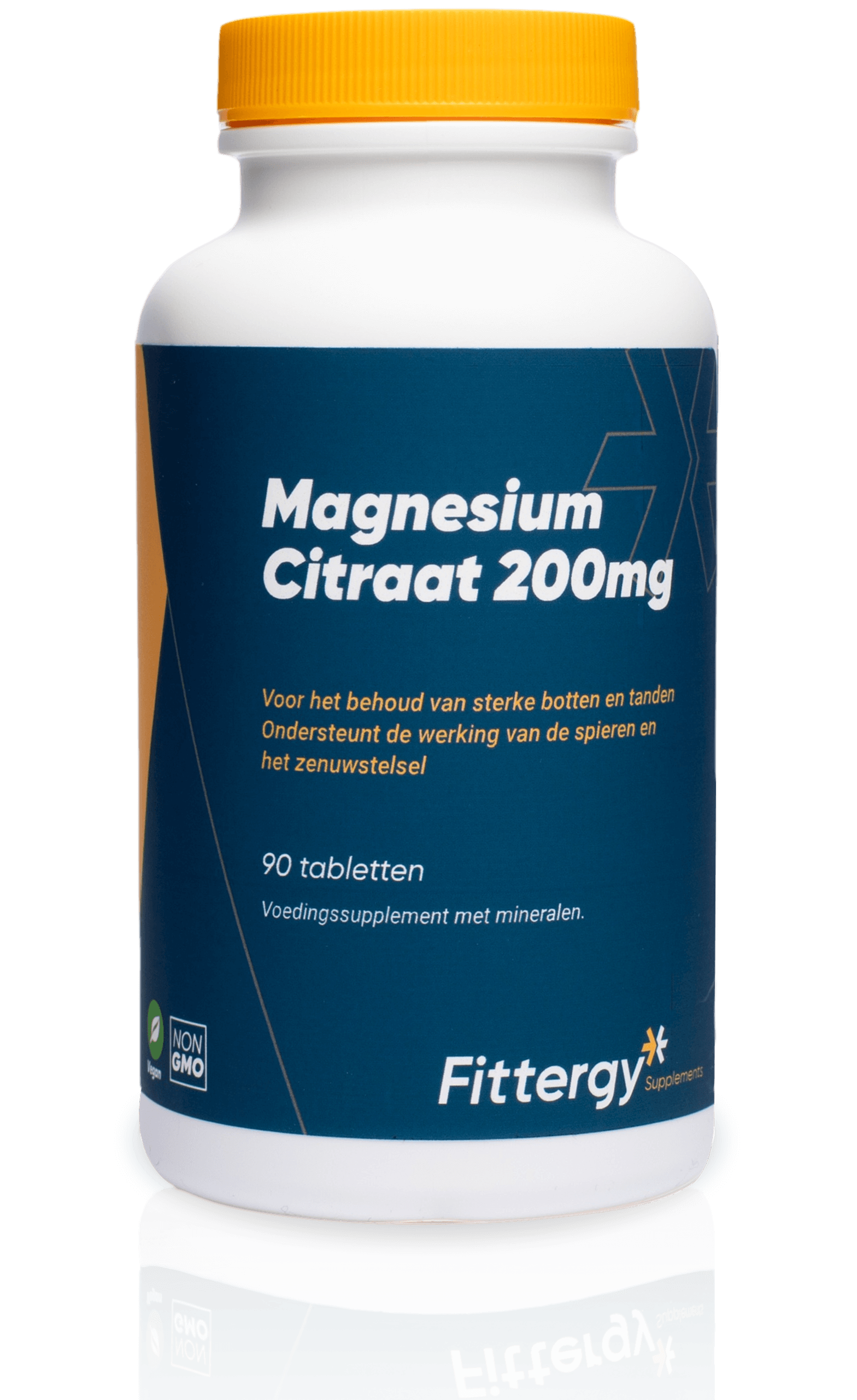 Fittergy Magnesiumcitraat 200mg mineral supplement tablets, 90-count, natural mineral supplement for health support.