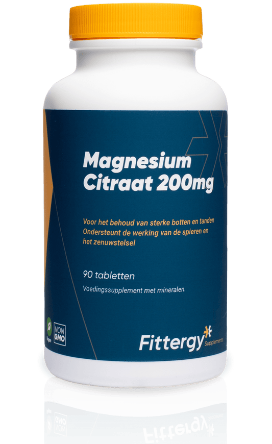 Fittergy Magnesiumcitraat 200mg mineral supplement tablets, 90-count, natural mineral supplement for health support.