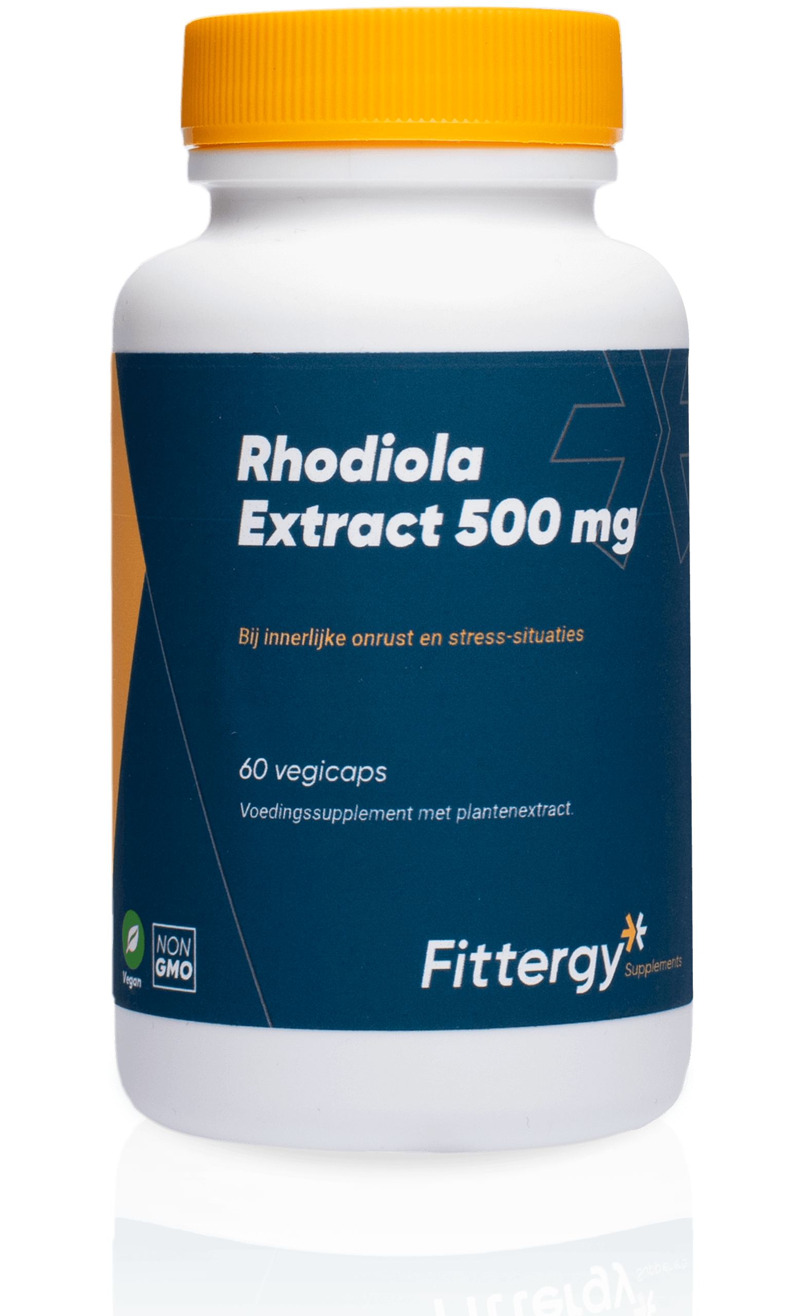 Fittergy Rhodiola 500mg herbal capsules in a bottle, vegetarian dietary supplement for energy and stress support.
