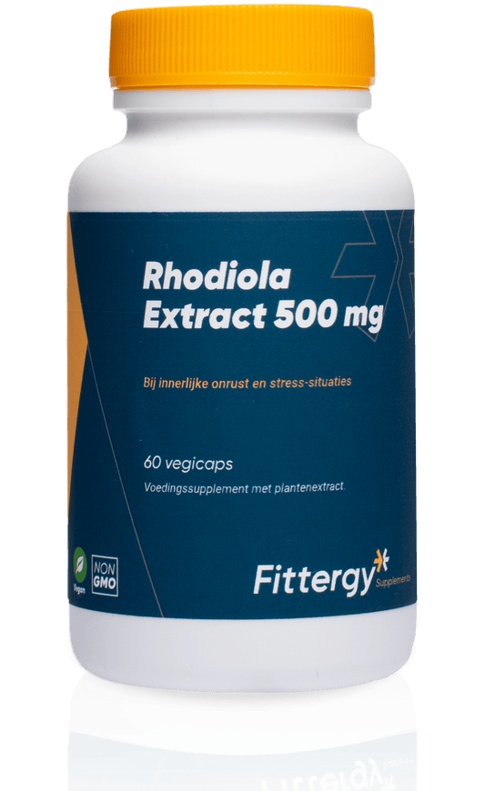 Fittergy Rhodiola 500mg herbal capsules in a bottle, vegetarian dietary supplement for energy and stress support.