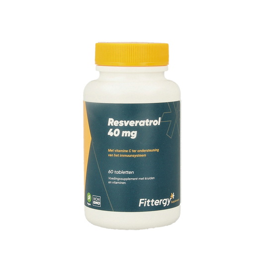 Fittergy Resveratrol 40mg supplement bottles with 60 tablets, natural herbal supplement in packaging with label details