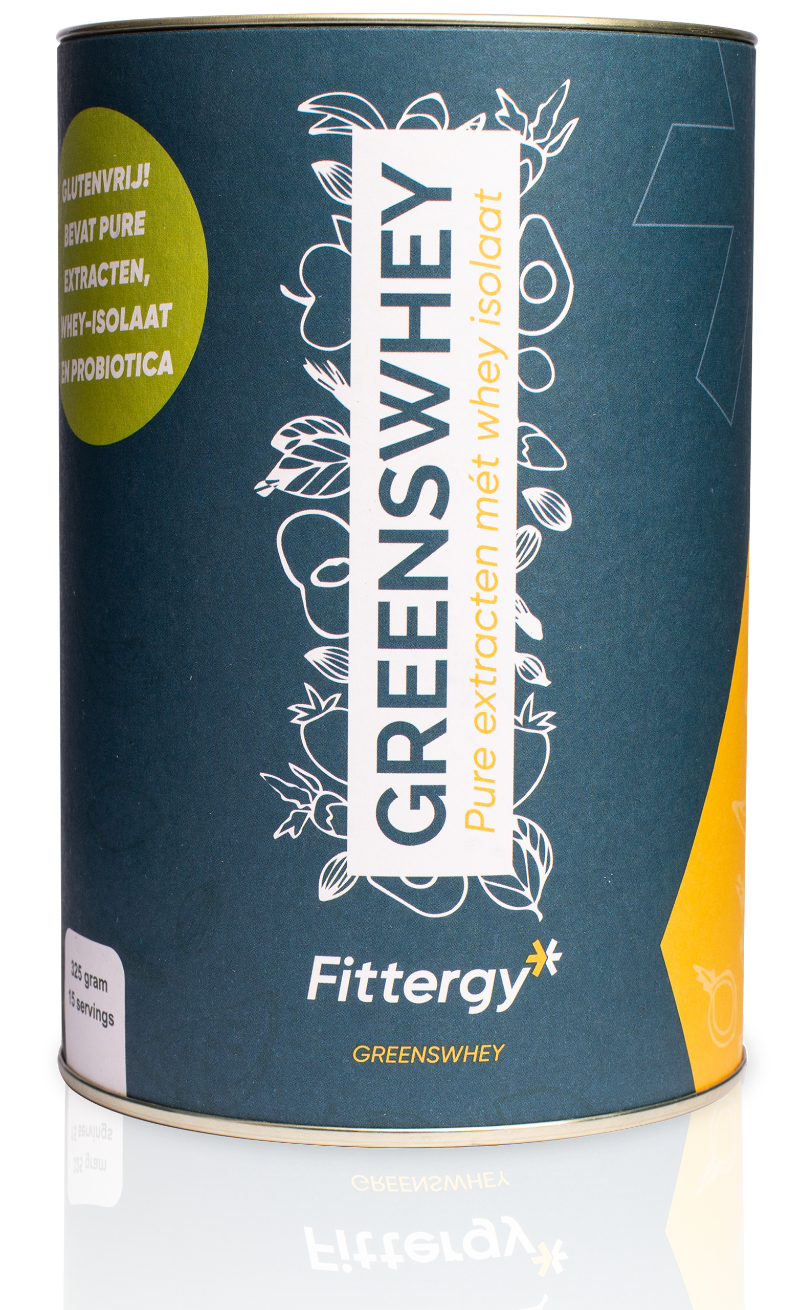 Fittergy Greenswhey herbal supplement in 325g container, featuring green packaging and product label.