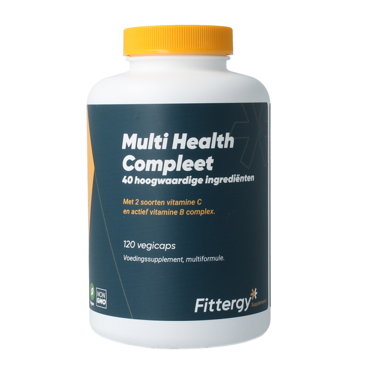 Fittergy Multi Health Complete vegetarian capsules, dietary supplement, with colorful capsules in a jar.
