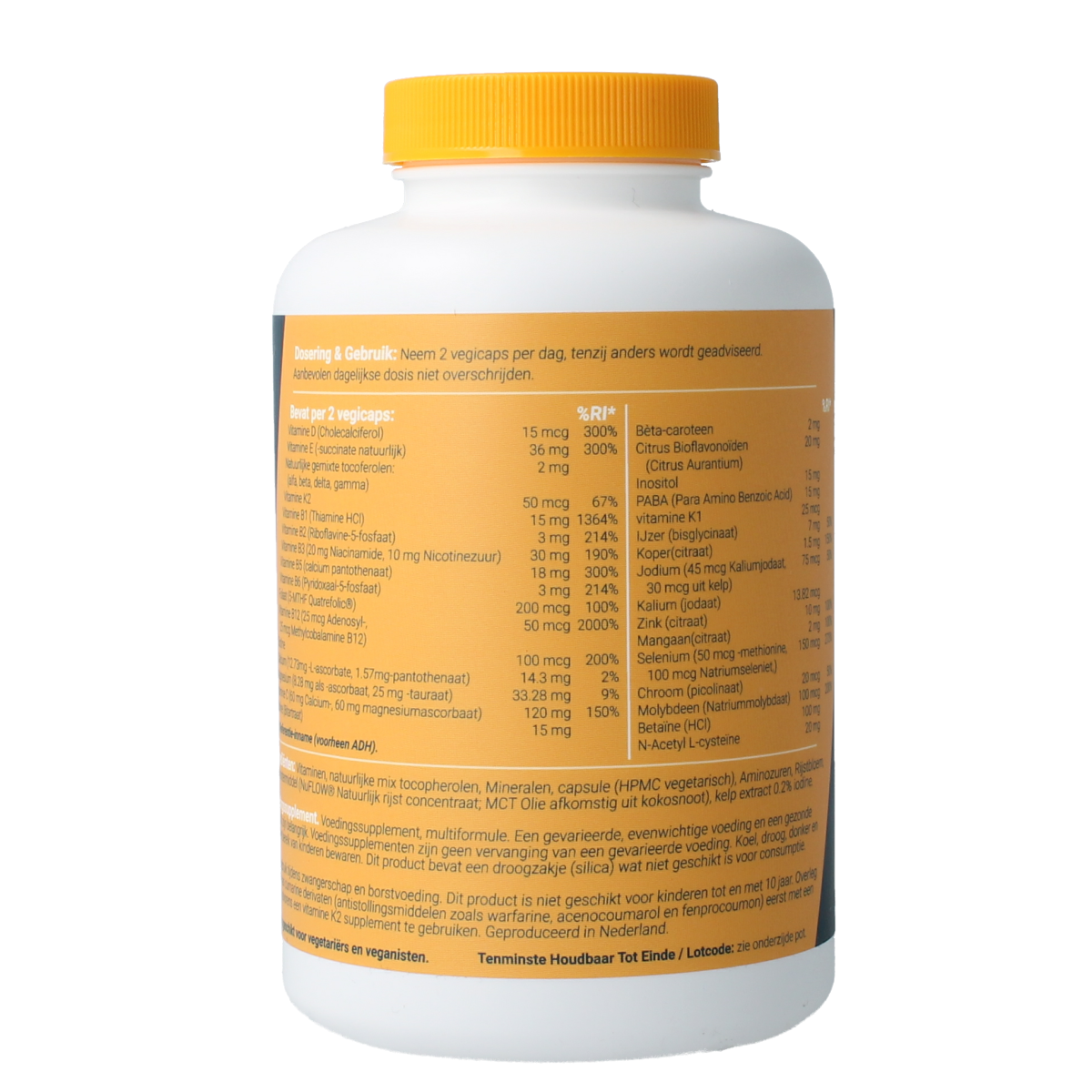 Fittergy Multi Health Compleet vegetarian capsules, dietary supplement with multivitamins, shown in a bottle.