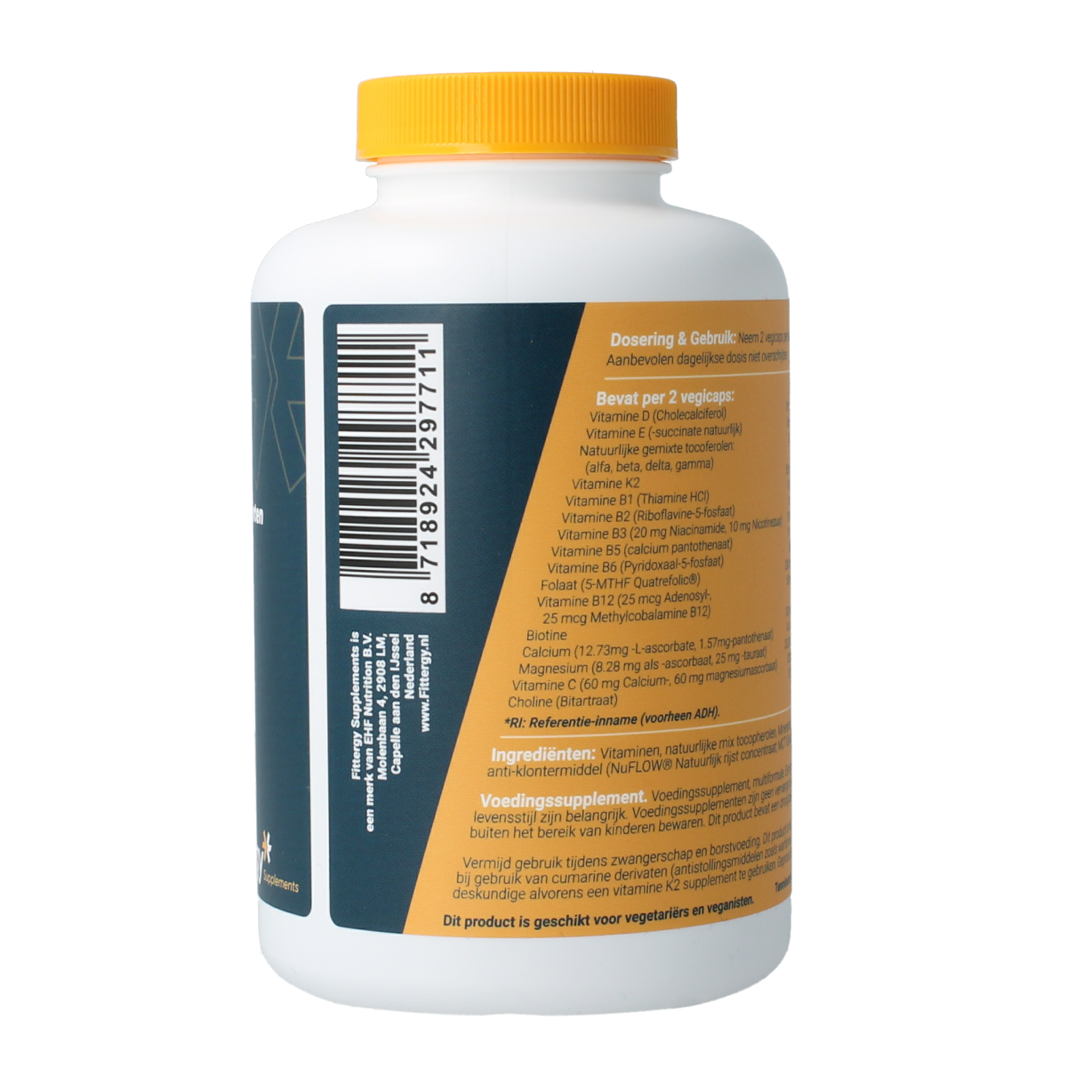 Fittergy Multi Health Complete vegetarian capsules, vitamin multivitamin supplement in a clear bottle, showing capsules inside.