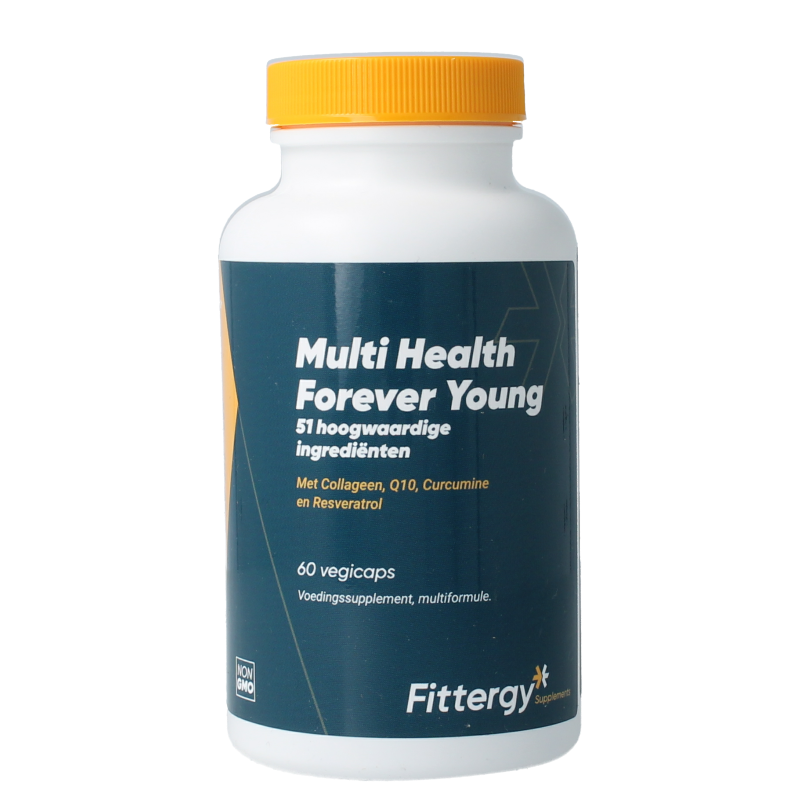 Fittergy Multi Health Forever Young 60 vegetarian capsules, colorful bottle with capsules inside, dietary supplement for wellness.