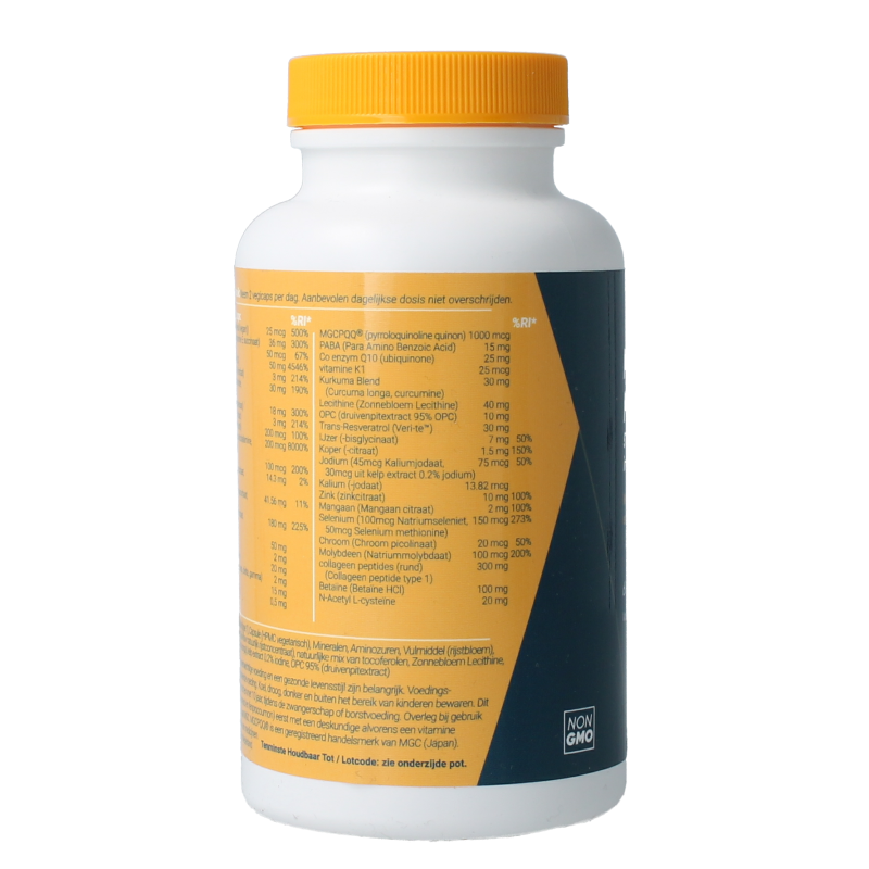 Fittergy Multi Health Forever Young vegetarian capsules, dietary multivitamine supplement in a clear bottle, focus on capsules inside