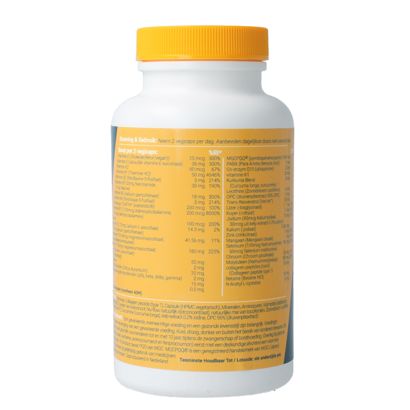Fittergy Multi Health Forever Young 60 vegetarian capsules, dietary multivitamin supplement with colorful capsules on white background.