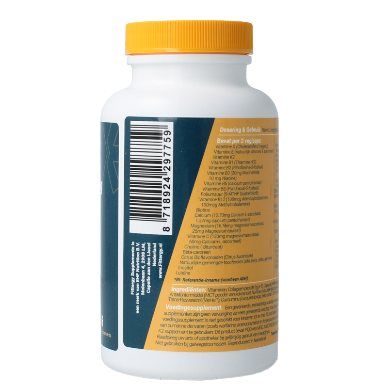 Fittergy Multi Health Forever Young vegetarian capsules, dietary multivitamin supplement in a clear bottle with capsules inside.
