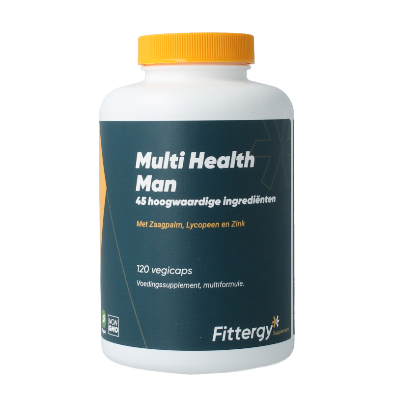 Fittergy Multi Health Man 120 vegetarian capsules, dietary supplement with multivitamins for men's health, in a plastic bottle.