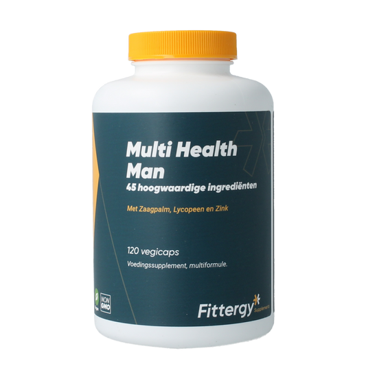 Fittergy Multi Health Man 120 vegetarian capsules, dietary supplement with multivitamins for men's health, in a plastic bottle.