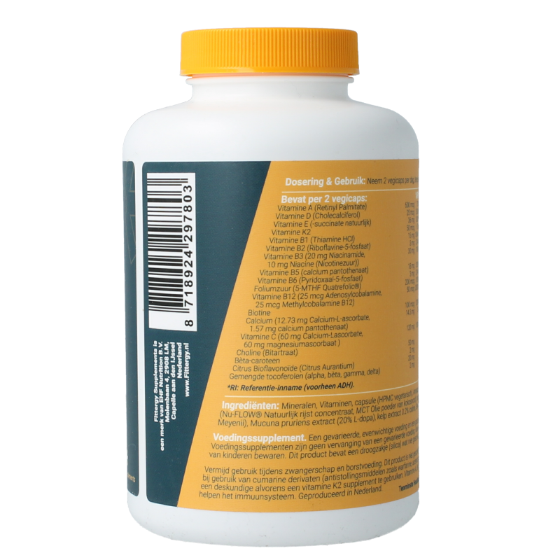 Fittergy Multi Health Man vegetarian capsules bottle with colorful label and capsules inside, supplement for men's wellness