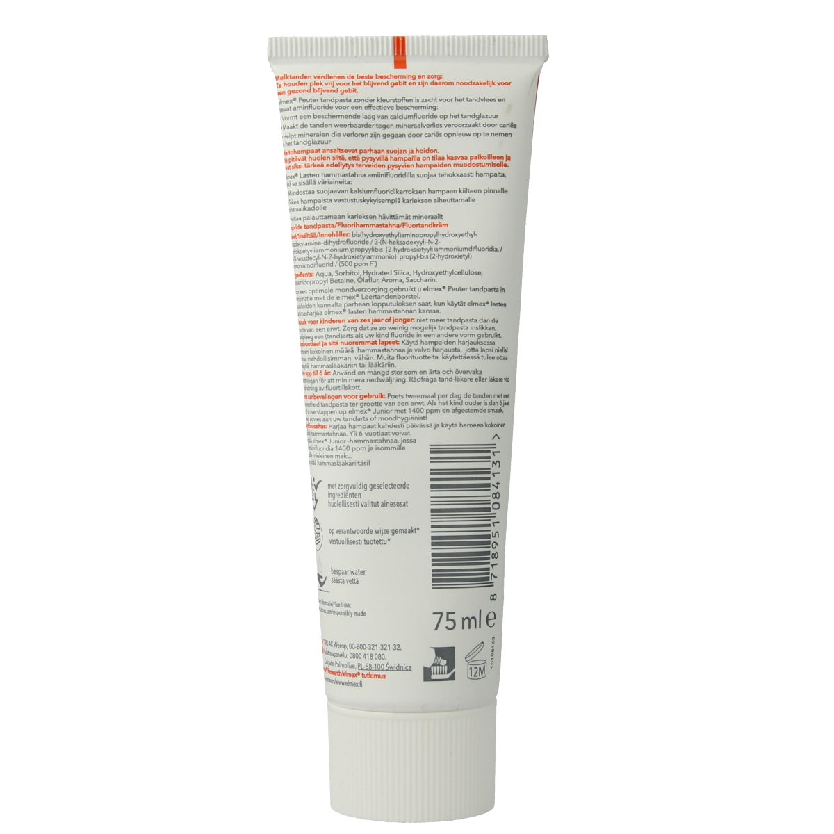 Elmex Tandpasta peuter 0-5 jaar, 75ml, gentle fluoride toothpaste for young children with child-friendly packaging.