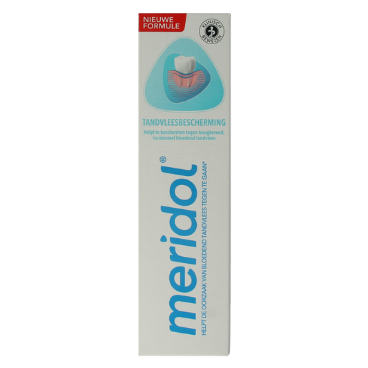 Meridol toothpaste 75ml tube with white and blue packaging, displaying the Meridol brand logo and product details.