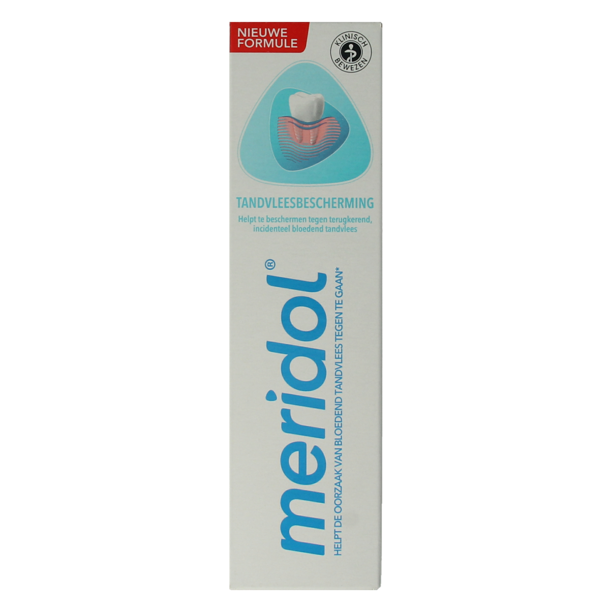 Meridol toothpaste 75ml tube with white and teal packaging, showing the brand logo and product label.