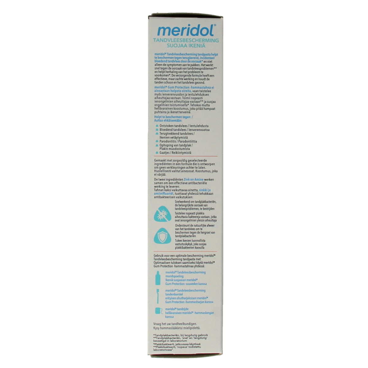 Meridol toothpaste 75ml tube showing the packaging with the Meridol logo and dental care branding.