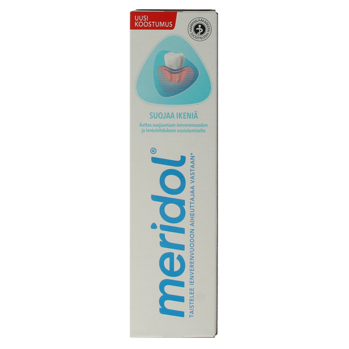 Meridol toothpaste 75ml tube with the Meridol brand logo and packaging details visible.