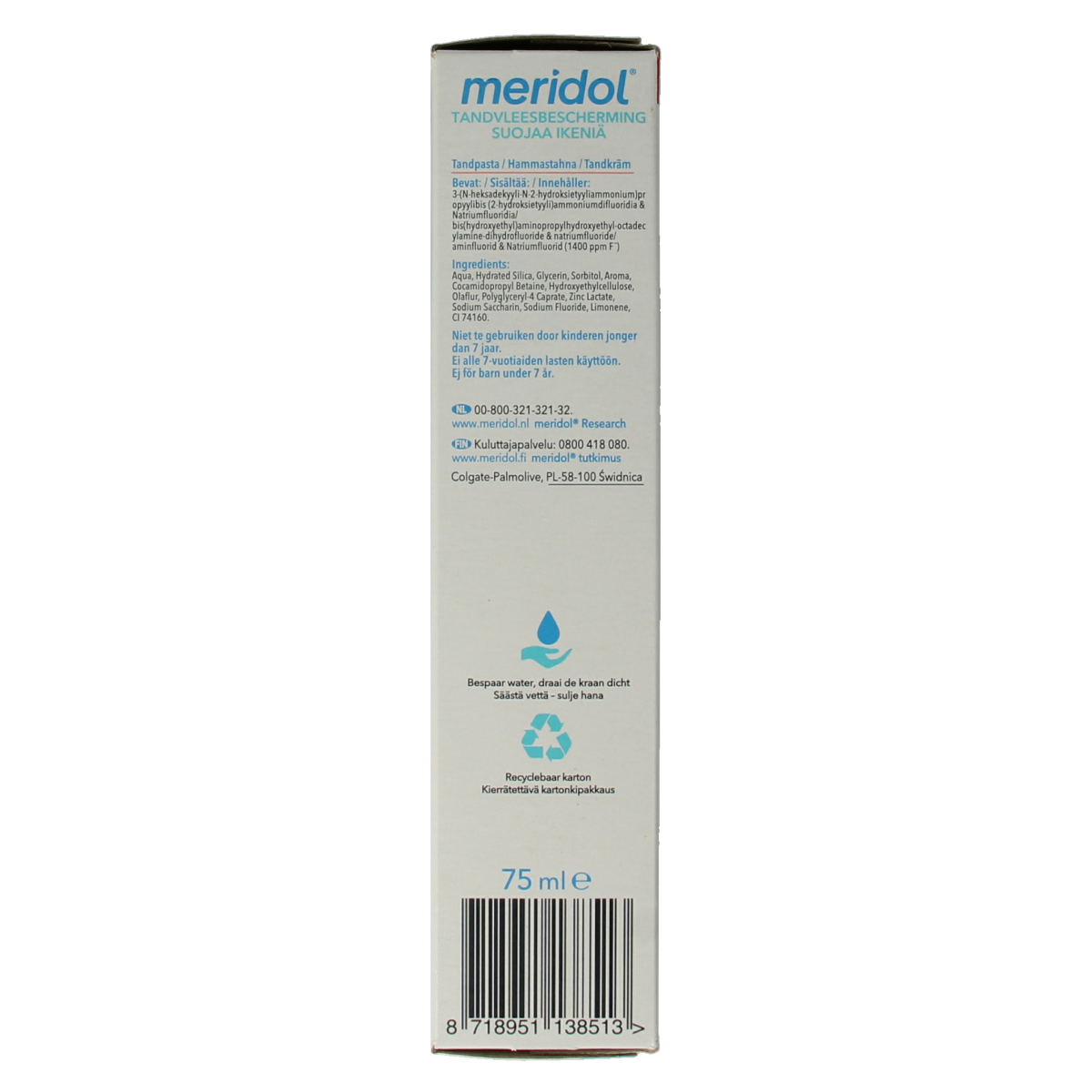 Meridol toothpaste 75ml tube showing the white and blue packaging with the Meridol branding.