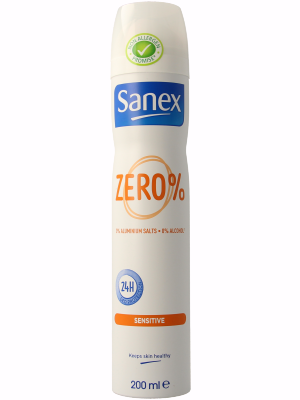 Sanex Zero% Sensitive deodorant spray in 200ml bottle, gentle formula for sensitive skin, with a clean and simple design.