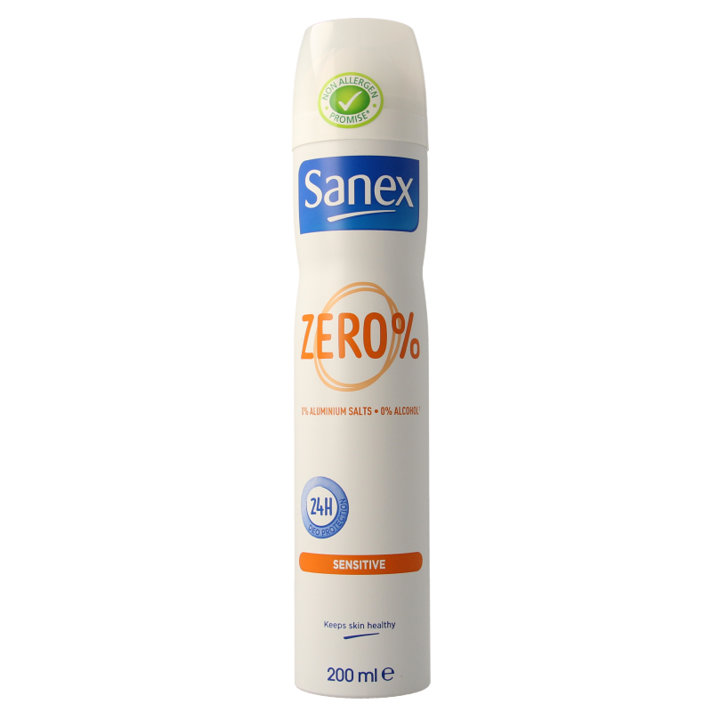 Sanex Zero% Sensitive deodorant spray bottle with 200ml capacity, featuring a white and blue design and spray nozzle.