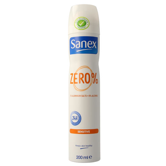 Sanex Zero% Sensitive deodorant spray bottle with 200ml capacity, featuring a white and blue design and spray nozzle.