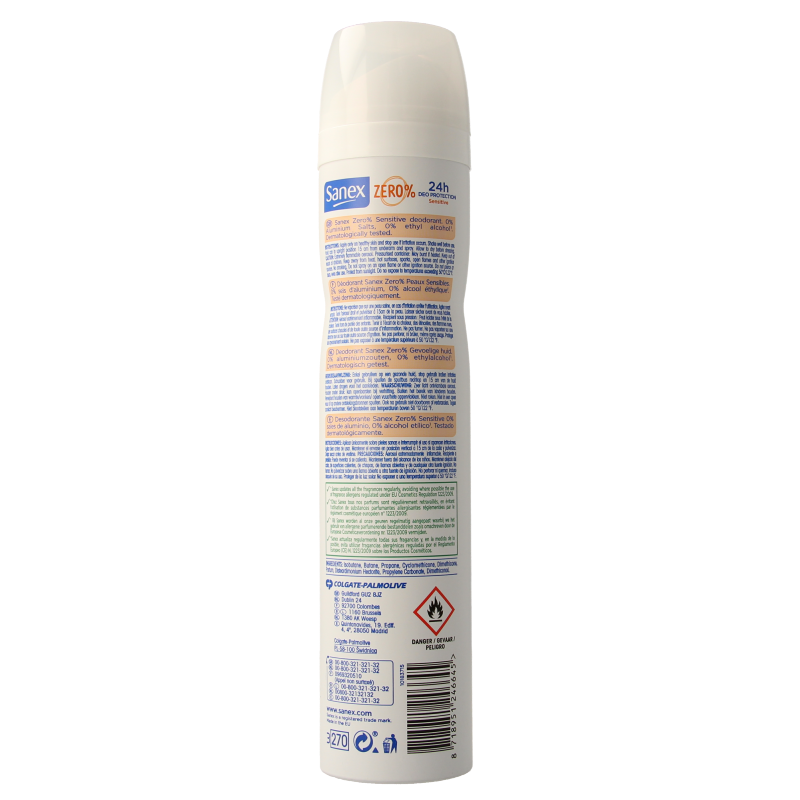 Sanex Zero% Sensitive deodorant spray 200ml bottle with clear label and spray nozzle, designed for gentle, fragrance-free deodorant application.