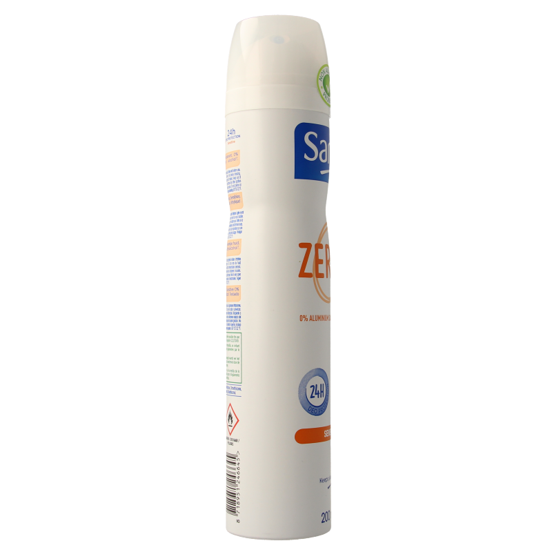 Sanex Zero% Sensitive deodorant spray in 200ml bottle, featuring a white container with blue accents and a spray nozzle.