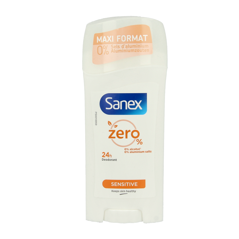 Sanex zero% sensitive deodorant stick, 65ml, natural and fragrance-free for sensitive skin, shown in the image.