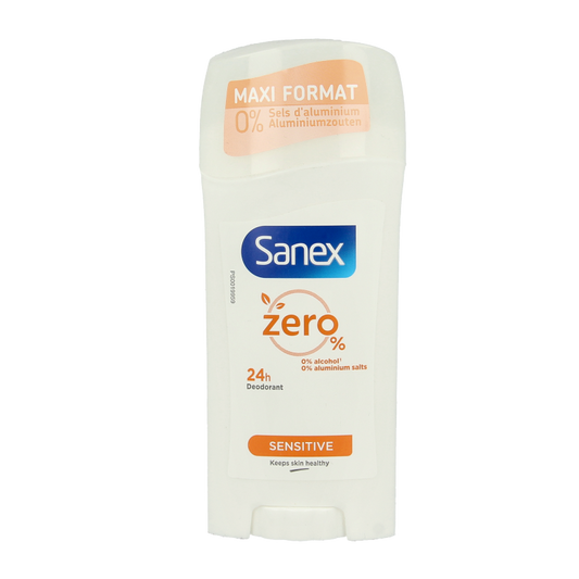 Sanex zero% sensitive deodorant stick, 65ml, natural and fragrance-free for sensitive skin, shown in the image.