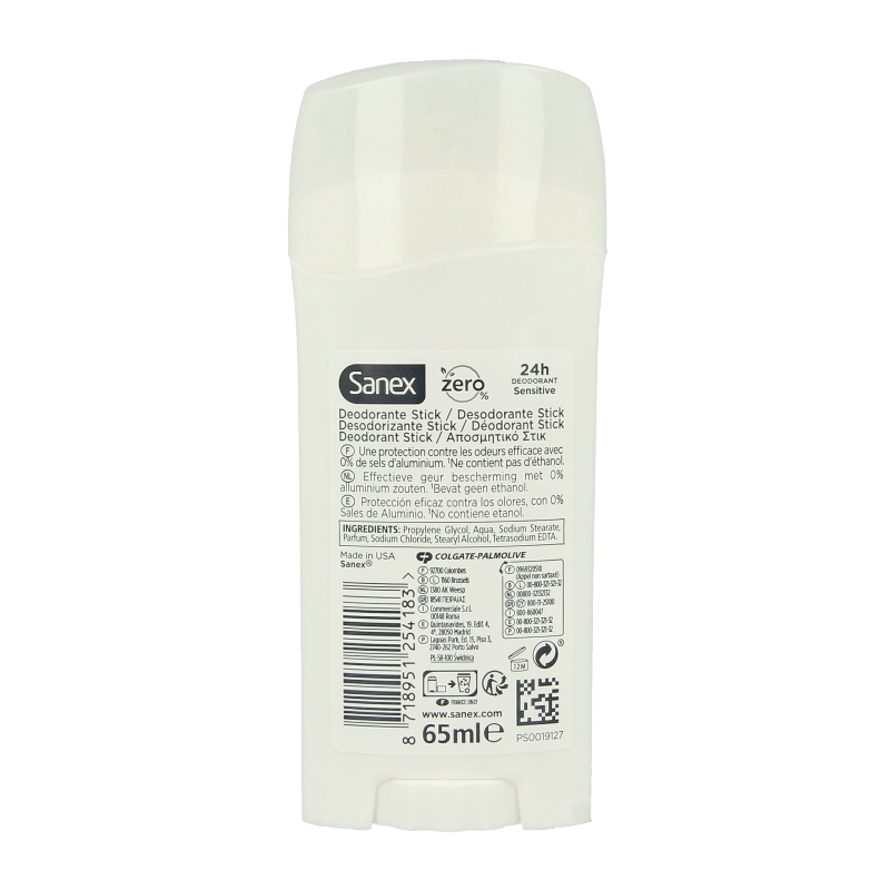 Sanex zero% sensitive deodorant stick in 65ml container, suitable for sensitive skin, with a clean, minimal design.