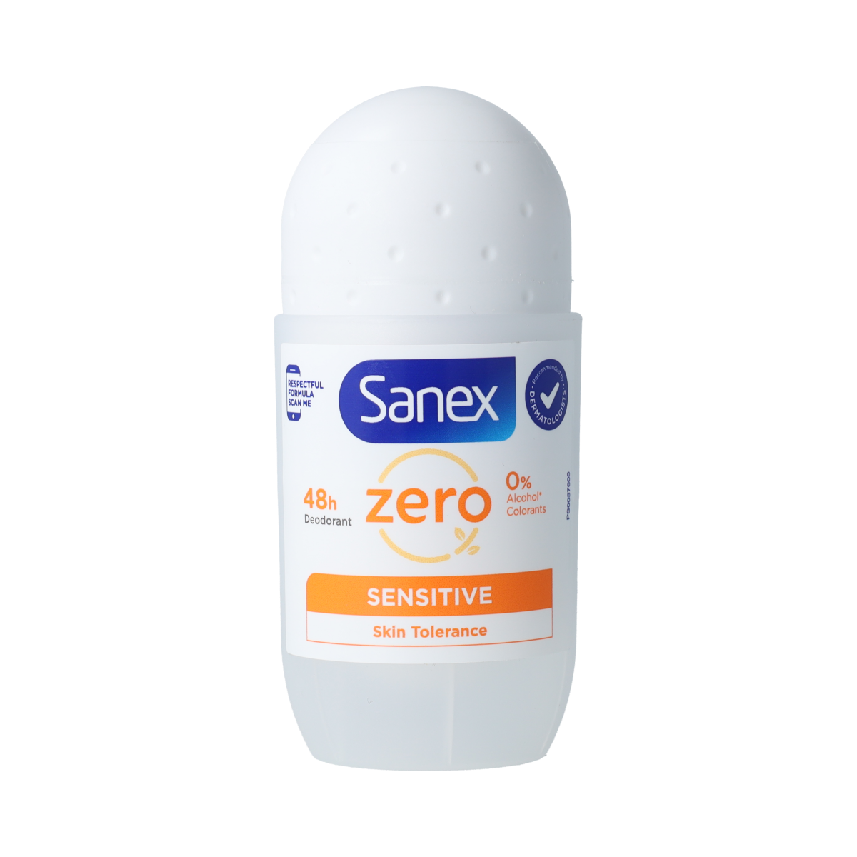 Sanex Zero% Sensitive deodorant roll-on, 50ml bottle, fragrance-free and gentle for sensitive skin.