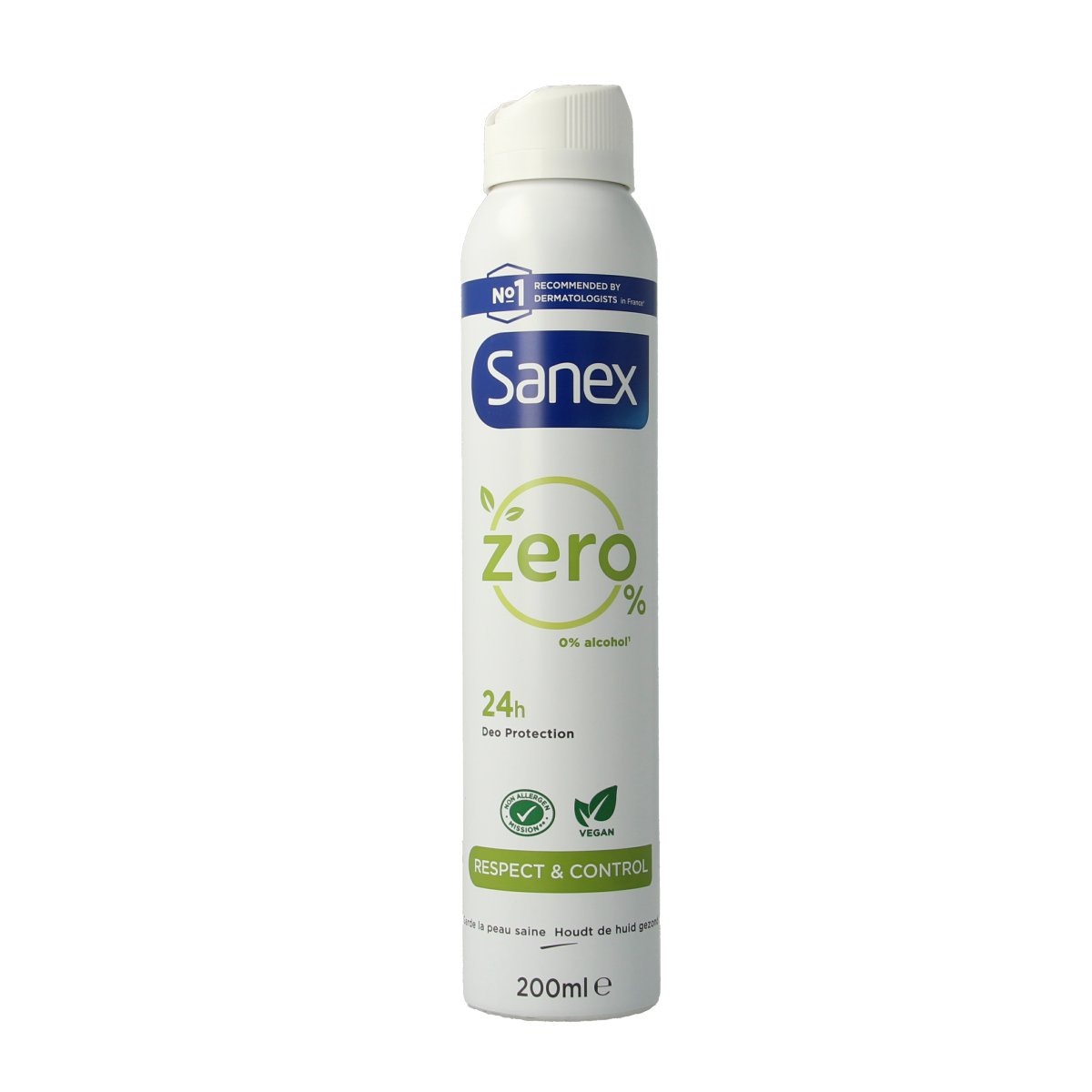Sanex Zero% Respect & Control deodorant spray bottle, 200ml, with a clear label and spray nozzle visible.