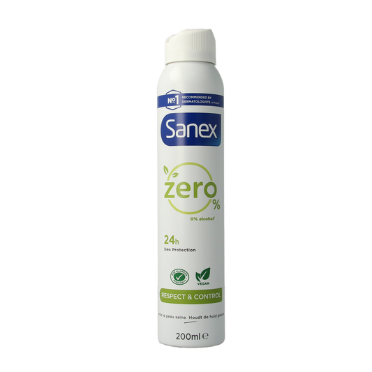 Sanex Zero% Respect & Control deodorant spray bottle, 200ml, with a clear label and spray nozzle visible.