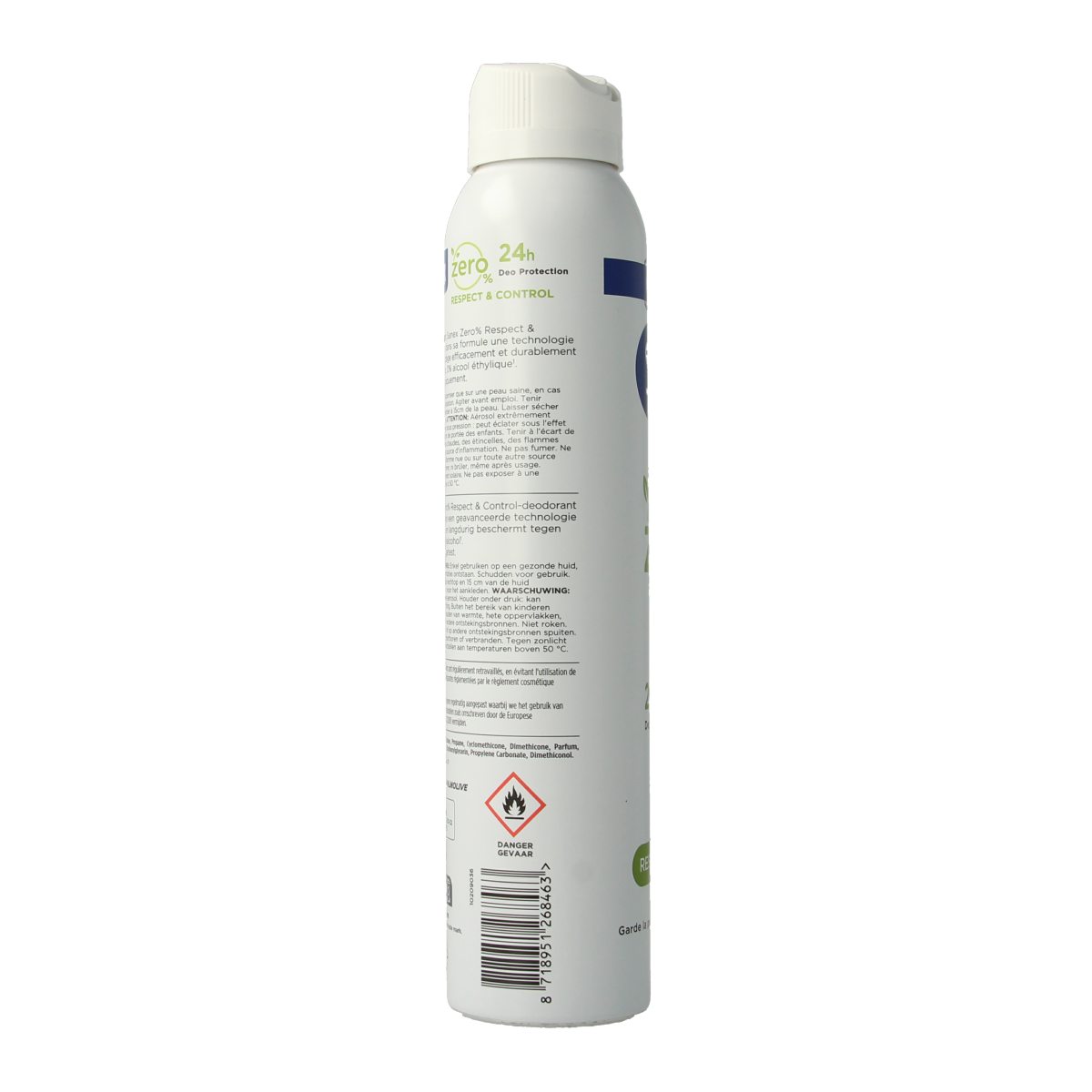 Sanex Zero% Respect & Control deodorant spray in 200ml bottle, featuring a sleek design and clear branding on the can.