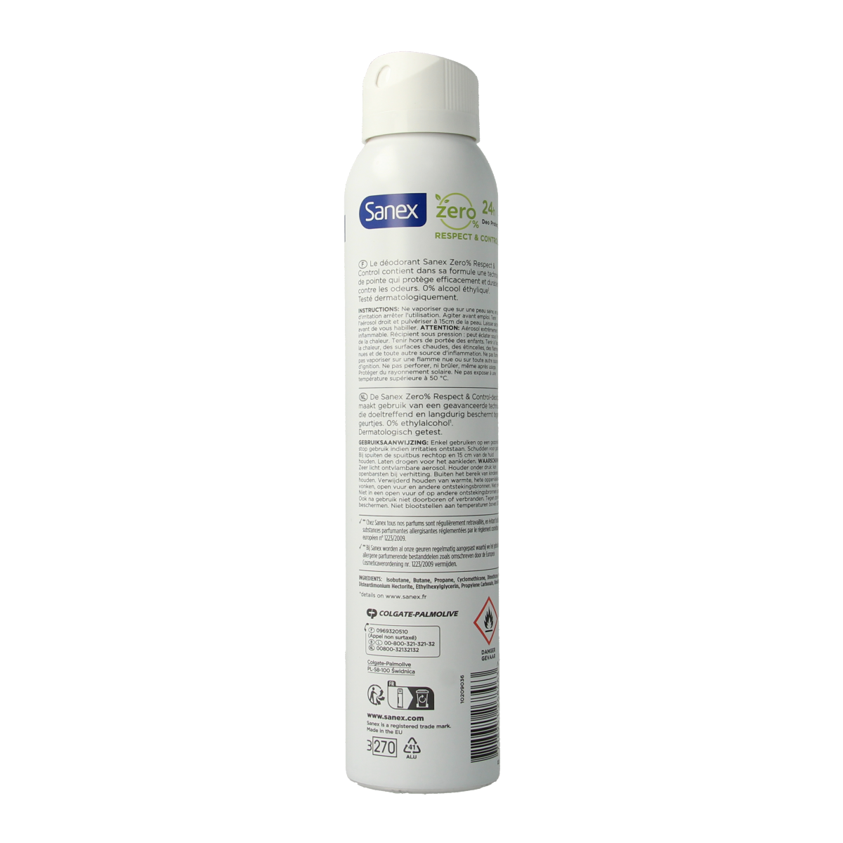 Sanex Zero% Respect & Control deodorant spray in 200ml bottle, featuring a sleek design and easy-to-use spray nozzle.