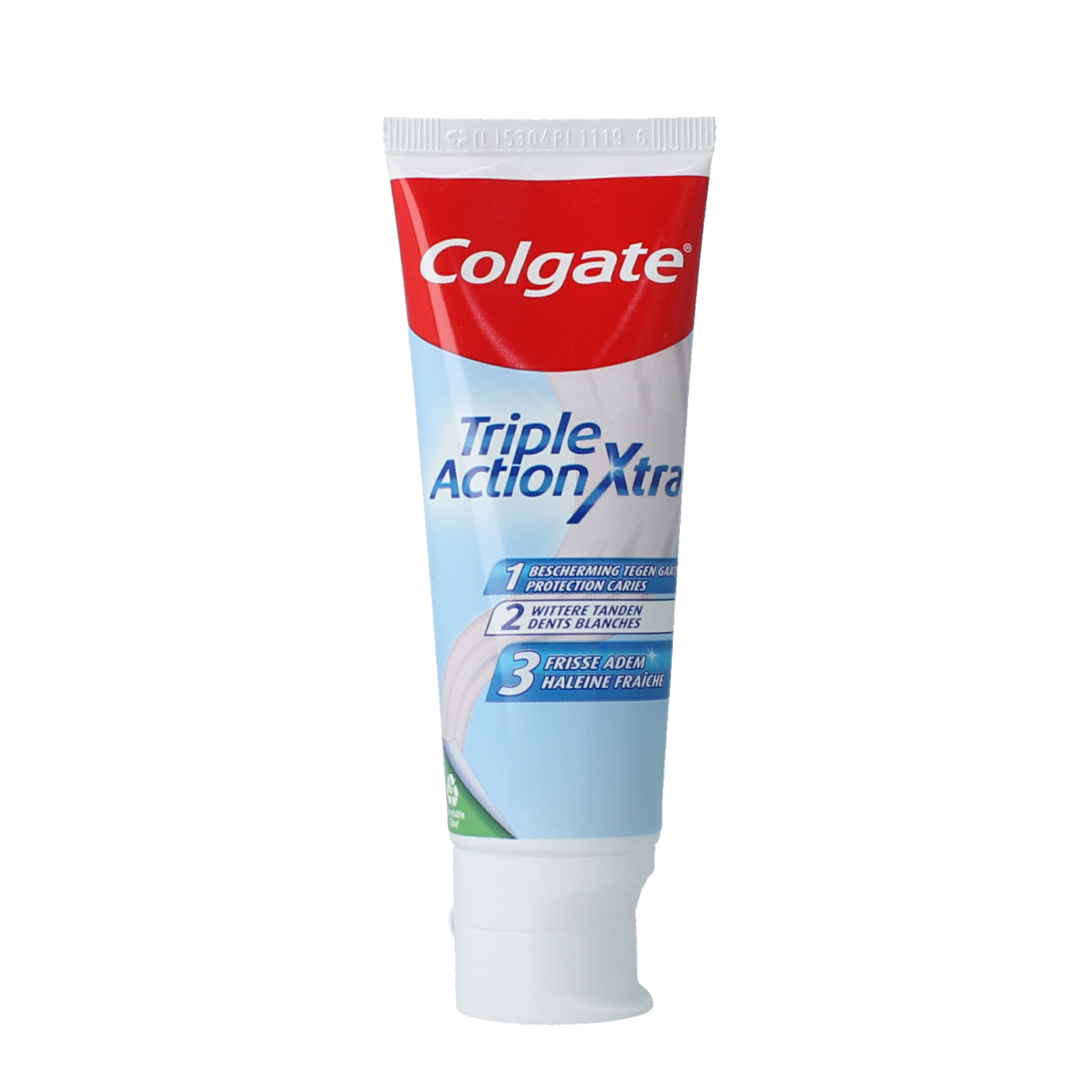 Colgate Triple Action Whitening toothpaste in 75ml tube, featuring fresh mint flavor and brightening formula.