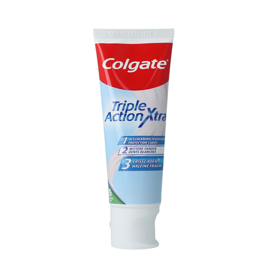 Colgate Triple Action Whitening toothpaste in 75ml tube, featuring fresh mint flavor and brightening formula.